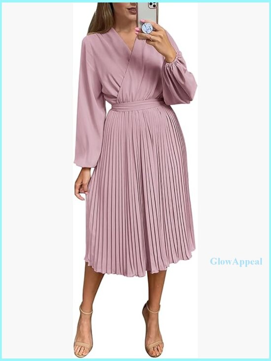 Dresses & Skirts - Midi Dress Long Puff Sleeve Wrap V Neck Flowy Ruffle Pleated Casual